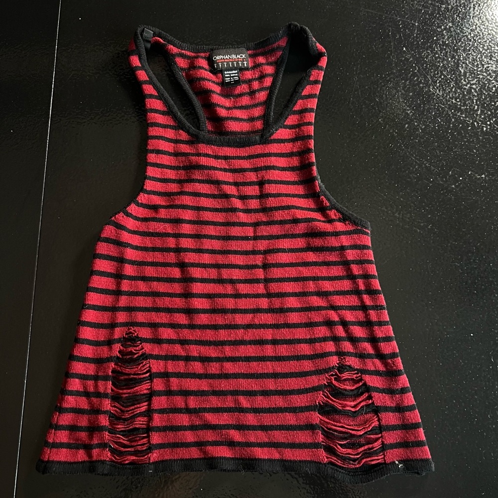 ❌ SOLDHot Topic x Orphan Black Red & Black Striped Distressed Tank Top Small